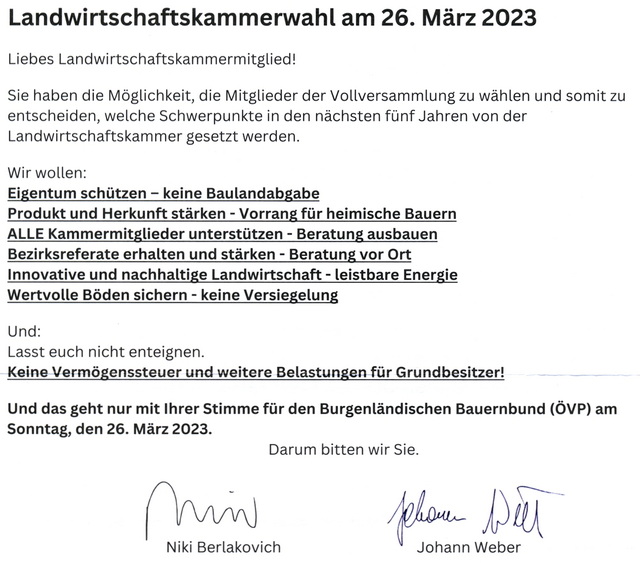 Landwirtschaftskammerwahl am 26. März 2023