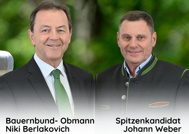 Landwirtschaftskammerwahl 2023 - Bauernbundspitzenkandidat NR DI Nikolaus Berlakovich mit Bezirk-Güssing-Spitzenkandidat Johann Weber aus Eberau